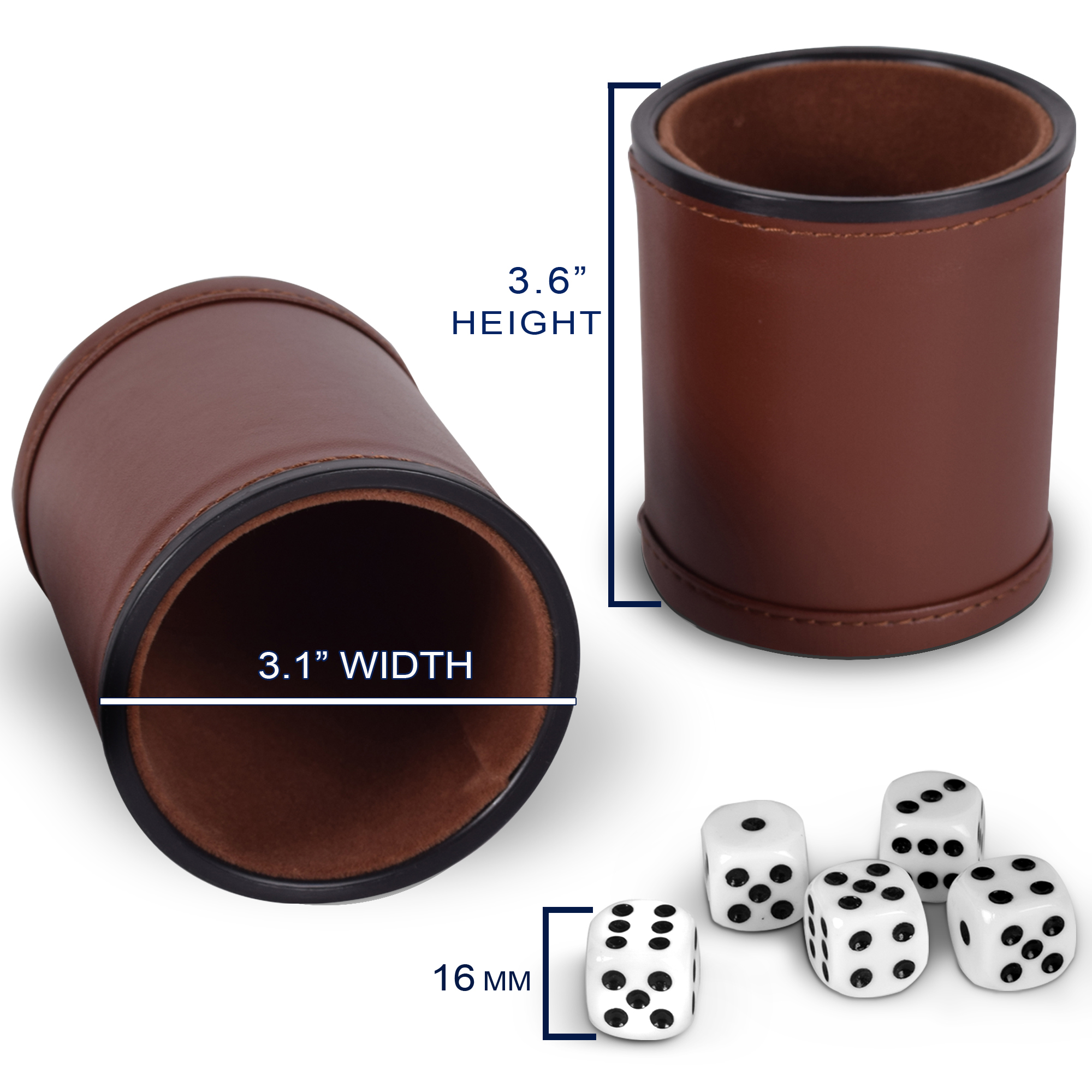 5 Pack PU Leather Dice Cups With 25 White Dice - Brown Velvet Lined Cups For Craps & Board Games